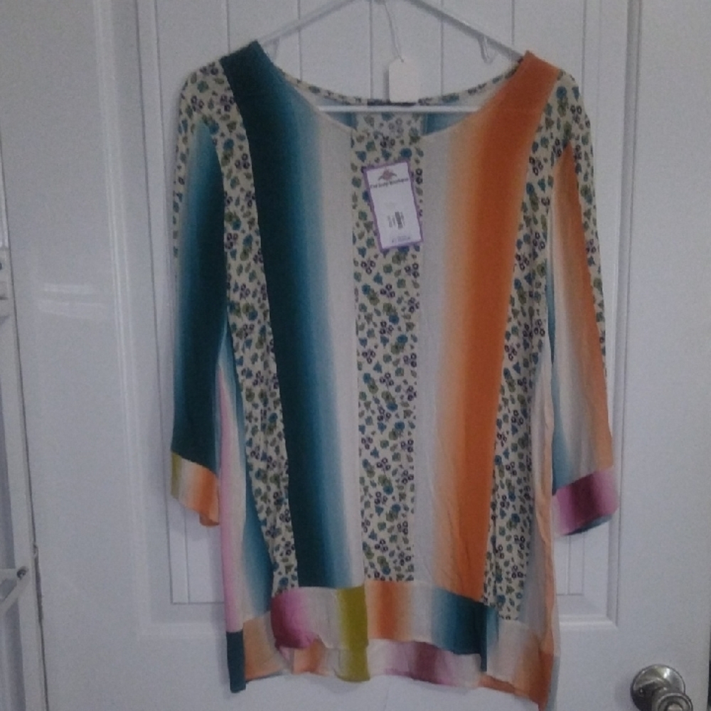 Vibrant Blue and Orange Asymmetrical 3/4 Sleeve Tunic